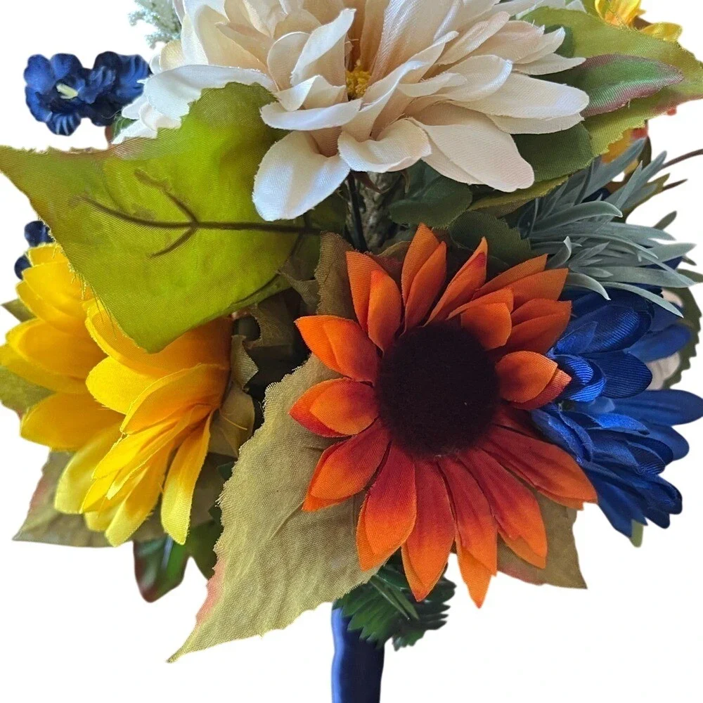 Autumn‎ Wedding Bouquet Boutonniere Set Sunflower Navy Blue Orange Silk Flowers